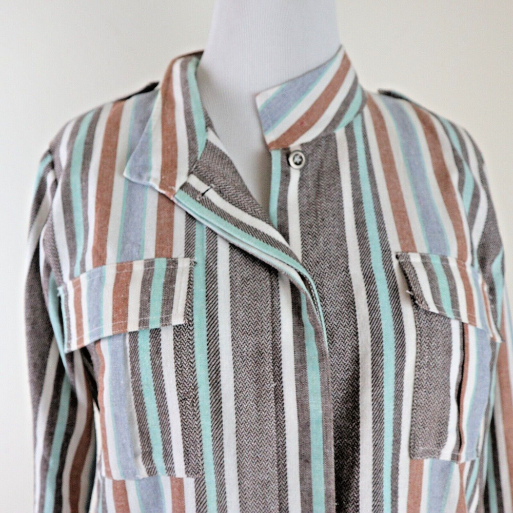 Mystree Size L Linen Blend Jacket Long Sleeve Striped Blue Gray Brown - Picture 9 of 13